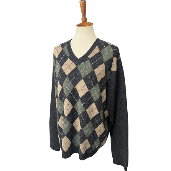 Vintage J.Crew 100% Lambswool Knit V-Neck Argyle Sweater Size XL - Picture 3 of 6